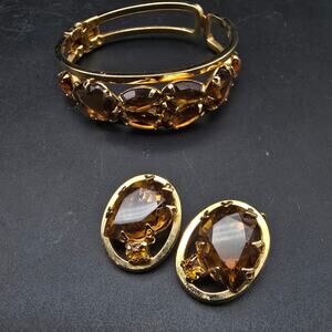 Vintage Faux Topaz Rhinestone Clamper Bracelet Earrings Set